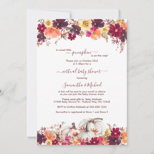 Invitation Petit Citrouille Automne Floral Baby shower virtue (Devant)