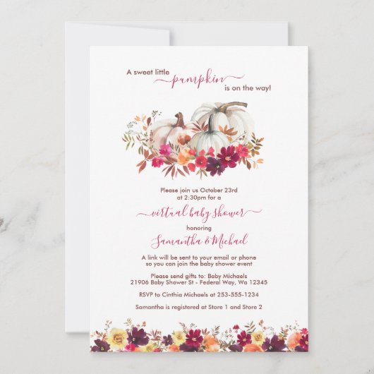 Invitation Petit Citrouille Automne Floral Baby shower virtue (Devant)