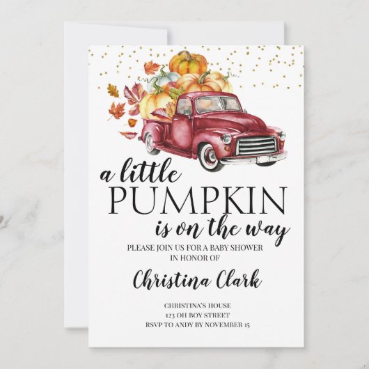 Invitation Petit Citrouille Automne jolie Baby shower Camion  (Devant)