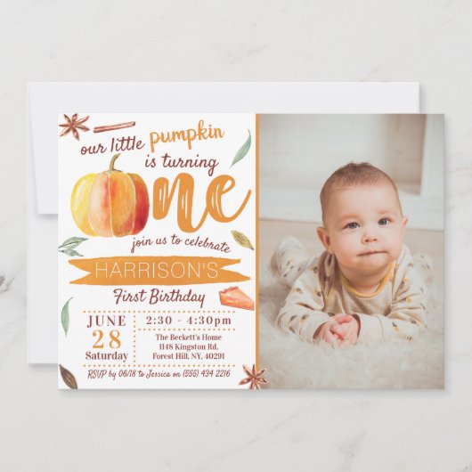 Invitation Petit Citrouille Automne Photo 1er Anniversaire (Devant)
