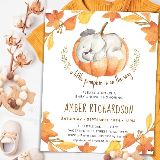 Invitation Petit Citrouille Autumn Elephant Baby shower garço