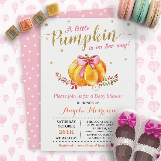 Invitation Petit Citrouille Baby shower d'automne Gold Rose