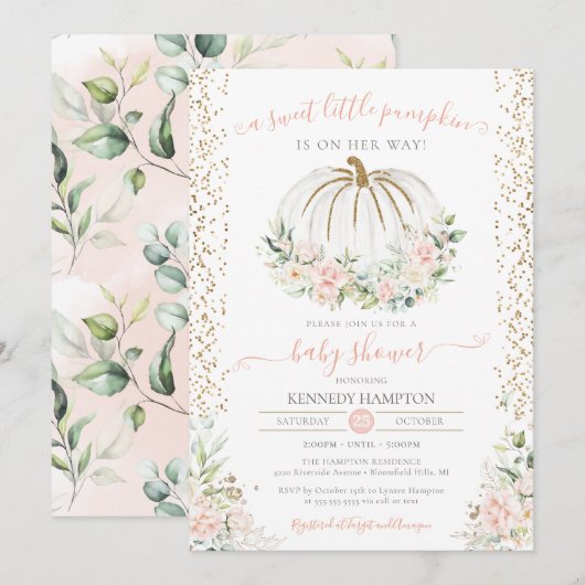 Invitation Petit Citrouille, Baby shower d'automne rose (Devant / Derrière)