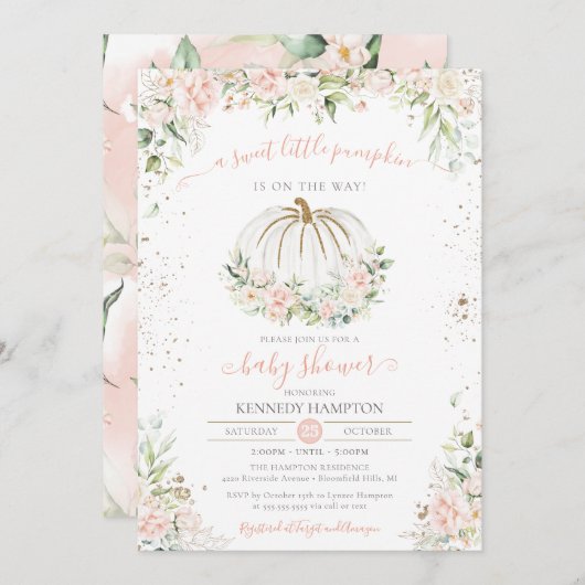 Invitation Petit Citrouille, Baby shower d'automne rose (Devant / Derrière)