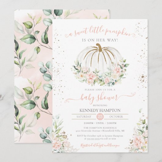 Invitation Petit Citrouille, Baby shower d'automne rose (Devant / Derrière)