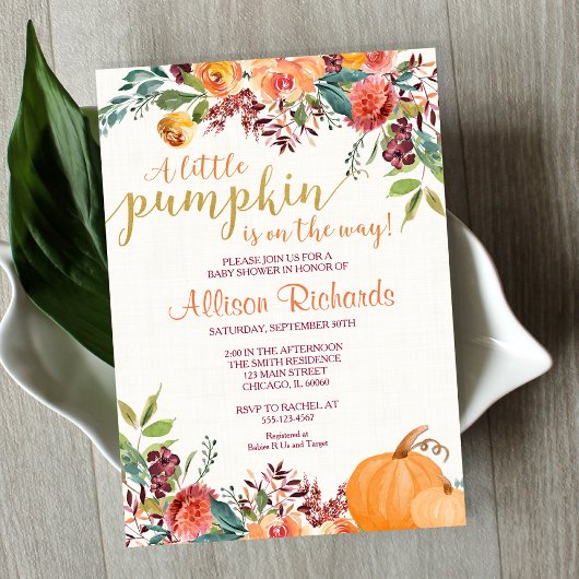 Invitation Petit citrouille baby shower de chute neutre
