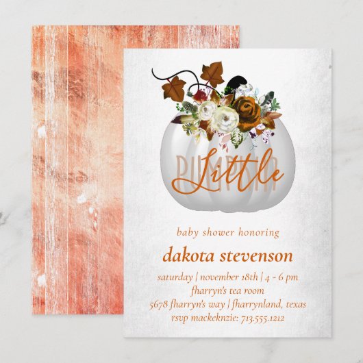 Invitation Petit Citrouille | Baby shower Floral Orange Brûlé (Devant / Derrière)
