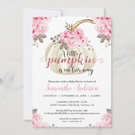 Invitation Petit Citrouille blanc rose Floral Baby shower fil (Devant)