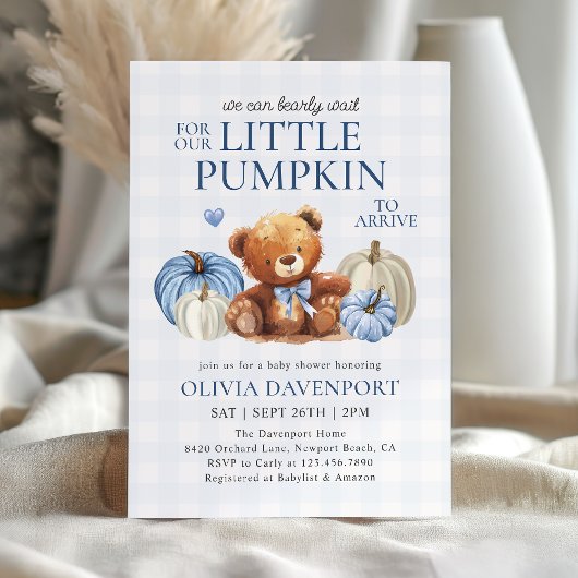 Invitation Petit Citrouille Bleu En vichy Automne Baby shower