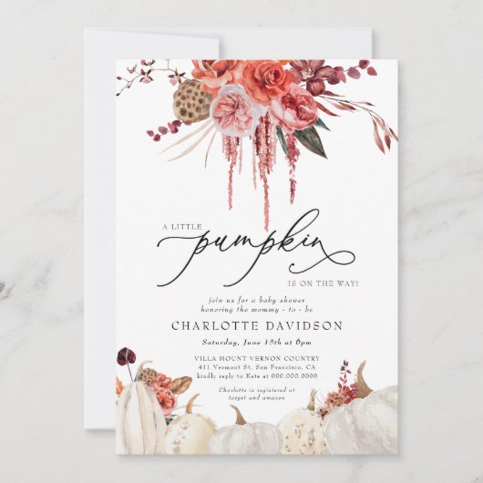 Invitation Petit Citrouille Blush Fall Girl Baby shower flora (Devant)