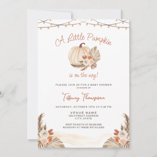 Invitation Petit Citrouille Boho Pampas Baby shower de chute (Devant)