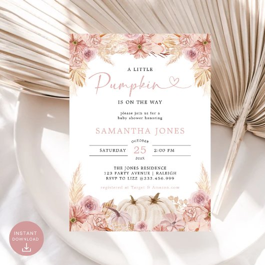 Invitation Petit Citrouille Boho Pampas Baby shower en herbe 