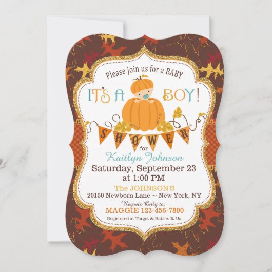Invitation Petit Citrouille Boy Fall Feuilles Baby shower (Devant)
