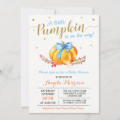 Invitation Petit Citrouille Boy Gold Blue Fall Baby shower (Devant)