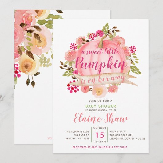 Invitation petit citrouille en chemin baby shower (Devant / Derrière)