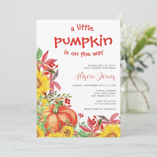 Invitation Petit citrouille en route baby shower (Debout devant)