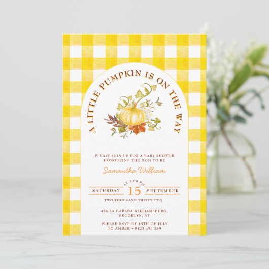 Invitation Petit Citrouille En vichy Plaid Boho Baby shower (Debout devant)