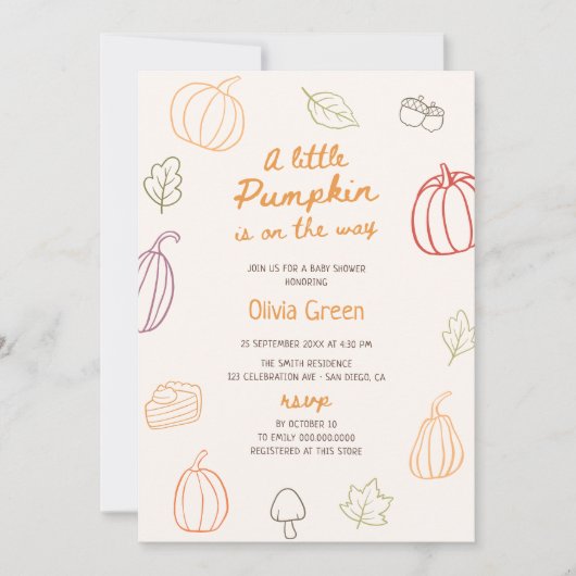 Invitation Petit Citrouille Fall mignon Baby shower Doodé (Devant)
