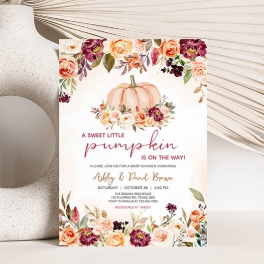 Invitation Petit Citrouille Floral Bourgogne Baby shower