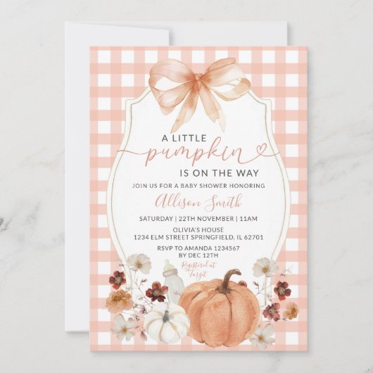 Invitation Petit Citrouille Floral Orange En vichy Baby showe (Devant)