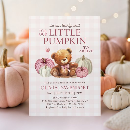 Invitation Petit Citrouille rose En vichy Automne Baby shower