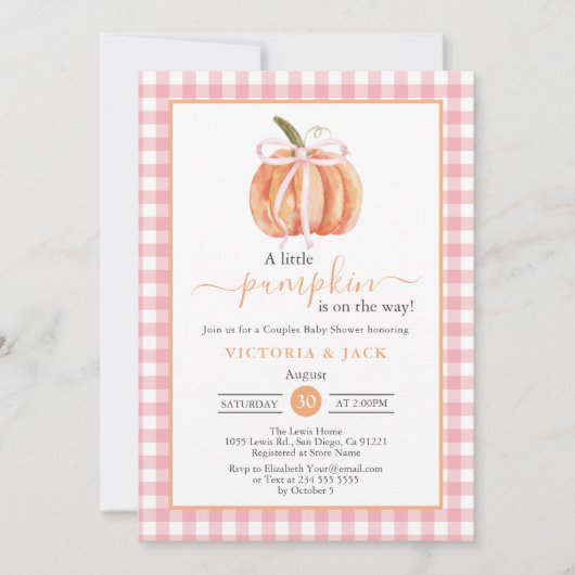Invitation Petit Citrouille rose En vichy Baby shower d'autom (Devant)