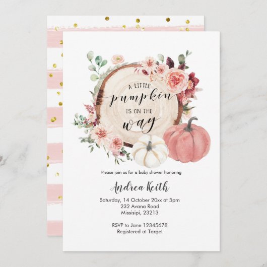 Invitation petit citrouille rose et or en route (Devant / Derrière)