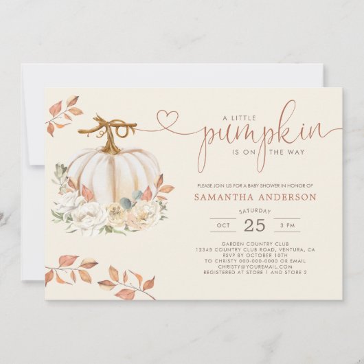 Invitation Petit Citrouille Rustic Fall Baby shower Floral (Devant)
