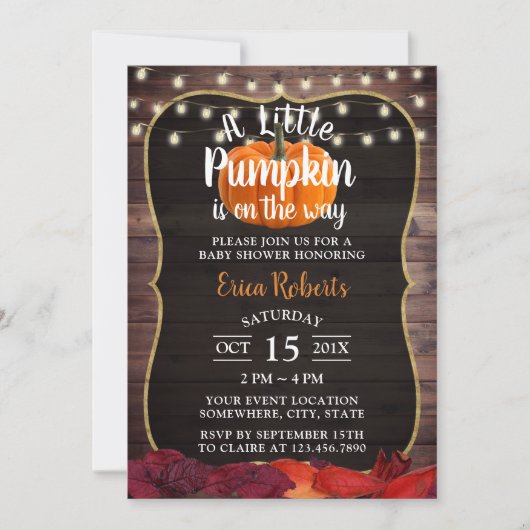 Invitation Petit Citrouille Rustique Automne Feuilles Baby sh (Devant)