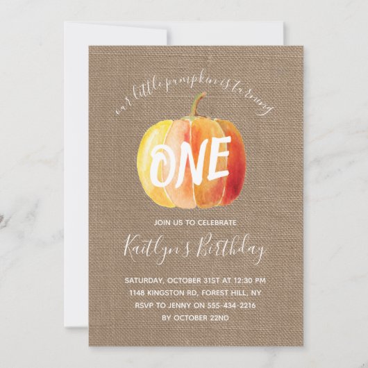Invitation Petit Citrouille Rustique Burlap 1er anniversaire (Devant)
