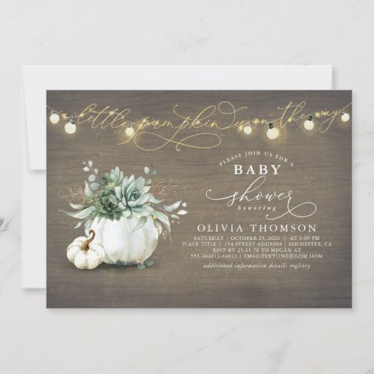 Invitation Petit Citrouille Succulents Baby shower d'automne (Devant)