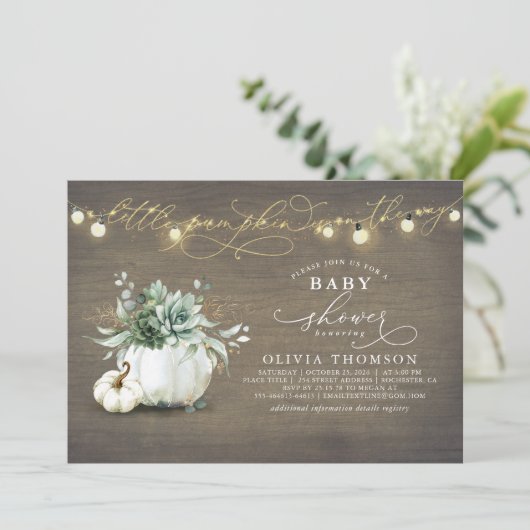 Invitation Petit Citrouille Succulents Baby shower d'automne (Debout devant)