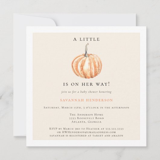 Invitation Petit Citrouille Sur Le Chemin Baby shower Fille (Devant)