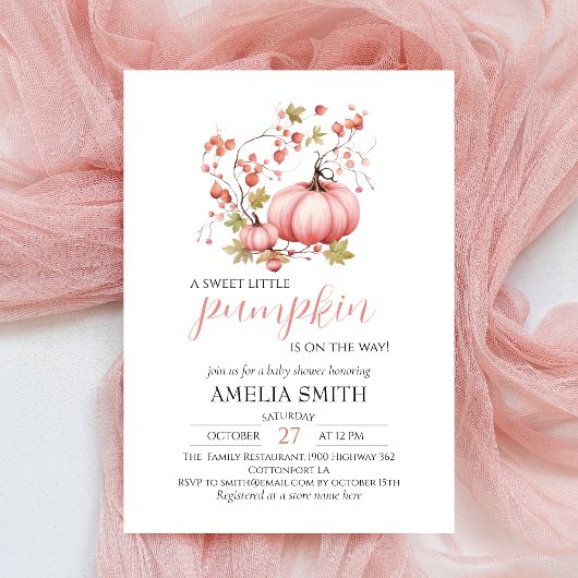 Invitation Petit Citrouille sur le chemin Baby shower rose pâ