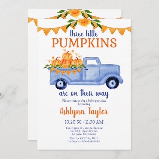 Invitation Petit Citrouille Triplet Bébé Parsemer tout en un (Devant / Derrière)