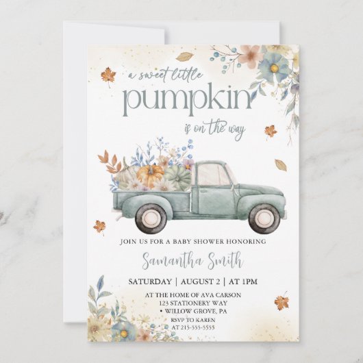 Invitation Petit citrouille vert Camion automne baby shower d (Devant)