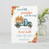 Invitation Petit Citrouille Vintage Bleu Camion & Automne Flo (Debout devant)