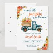 Invitation Petit Citrouille Vintage Bleu Camion & Automne Flo (Devant / Derrière)