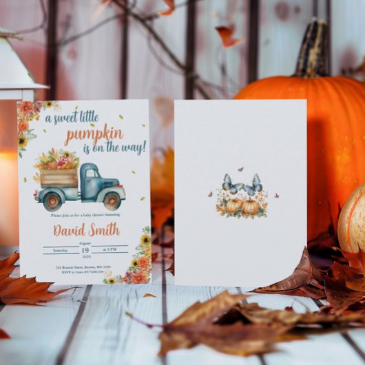 Invitation Petit Citrouille Vintage Bleu Camion & Automne Flo