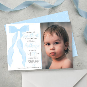 Invitation Petit Cœur Élégant Nœud Bleu Anniversaire Photo
