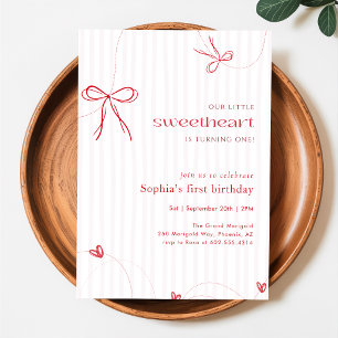 Invitation Petit coeur rose ruban rouge 1er anniversaire