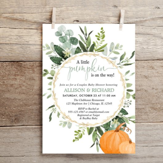 Invitation Petit couple de citrouilles automne verdure baby s