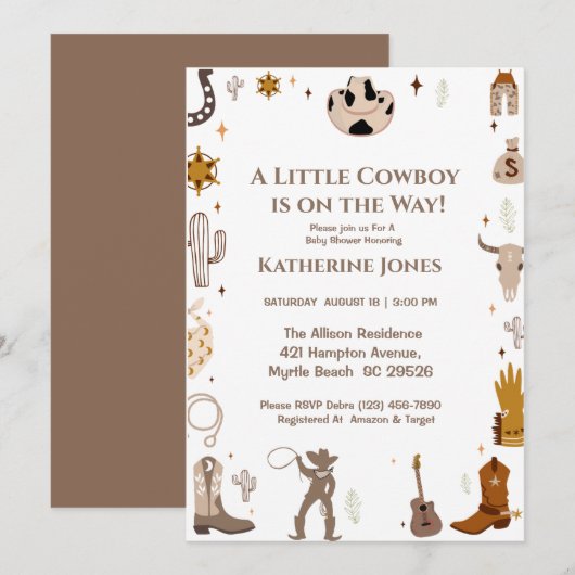 Invitation Petit Cowboy Baby shower occidental rustique (Devant / Derrière)