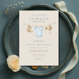 Invitation Petit cowboy en route Baby Shower sur un fil à lin