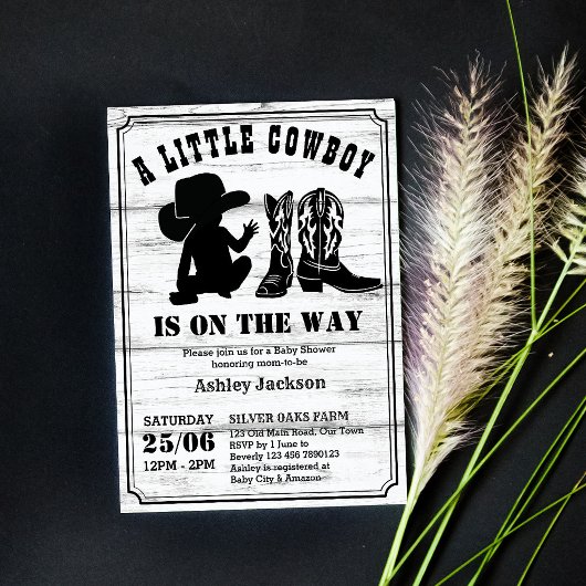 Invitation Petit cowboy rustique baby shower noir et blanc