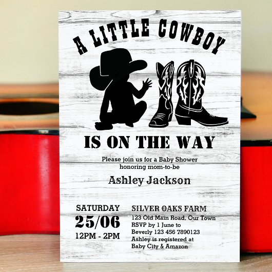 Invitation Petit cowboy rustique baby shower noir et blanc