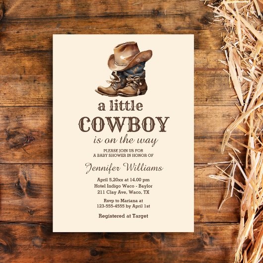 Invitation petit cowboy rustique bottes baby shower occidenta