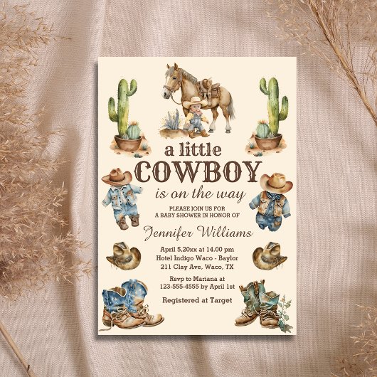 Invitation petit cowboy sur le chemin du baby shower ouest