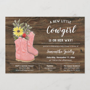 Invitation Petit Cowgirl Bootie Baby shower en bois Brown