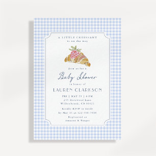 Invitation Petit Croissant Baby Shower à carreaux bleus